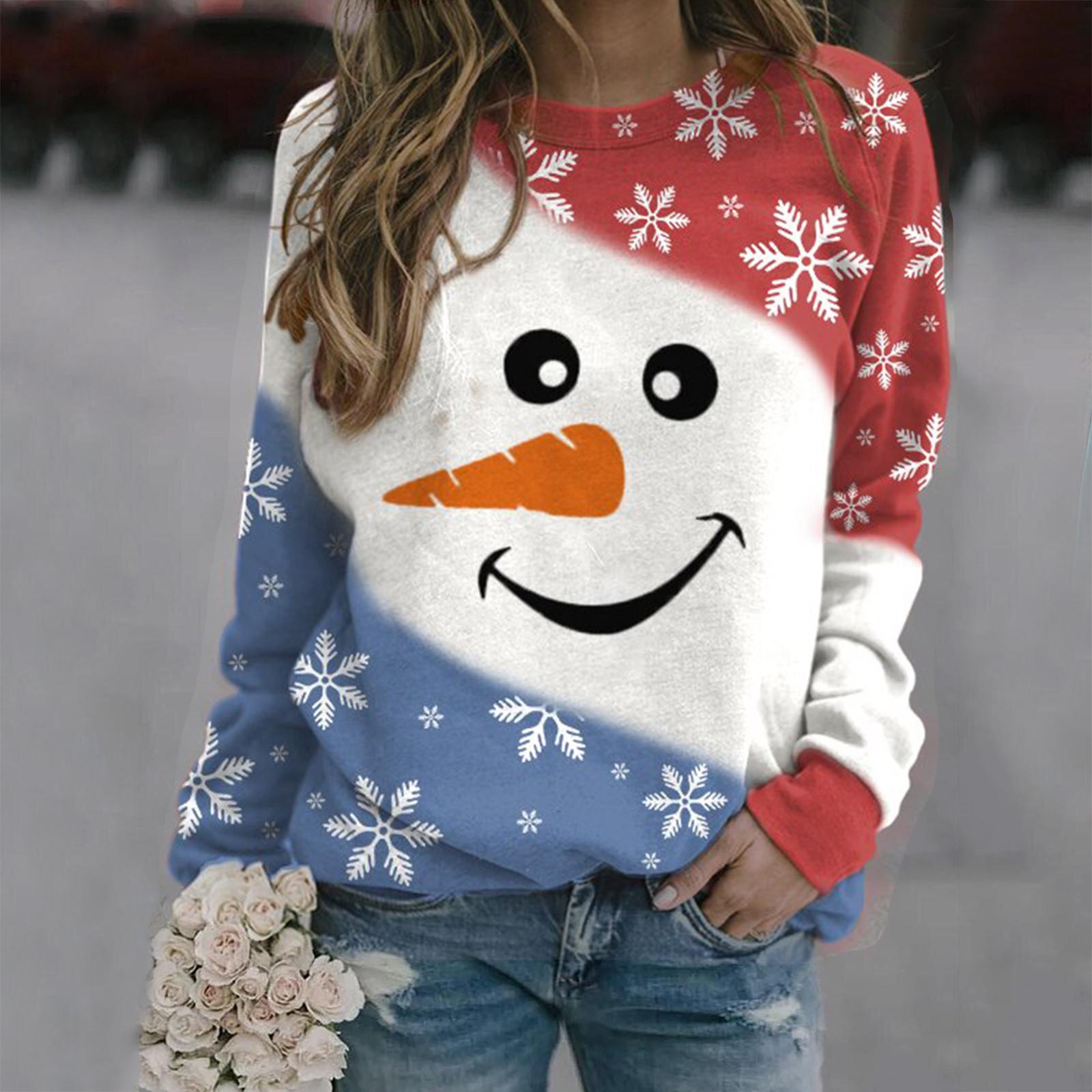 

Женские повседневные рождественские толстовки, термофутболки с круглым вырезом и длинным рукавом, свободные L оранжевый