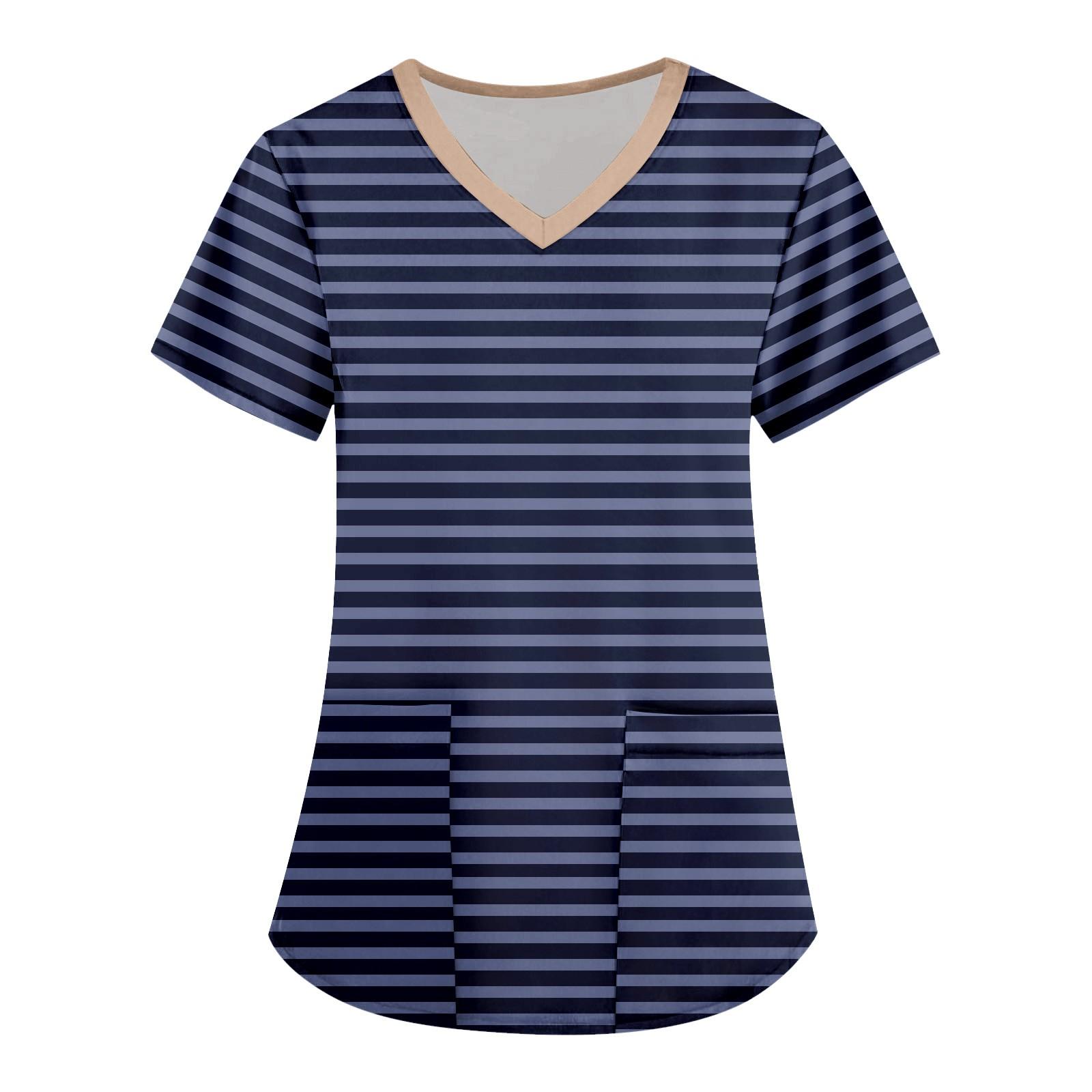 

Женская мода Печатные топы с коротким рукавом и V-образным вырезом Карманные рабочие футболки L тёмно-синий