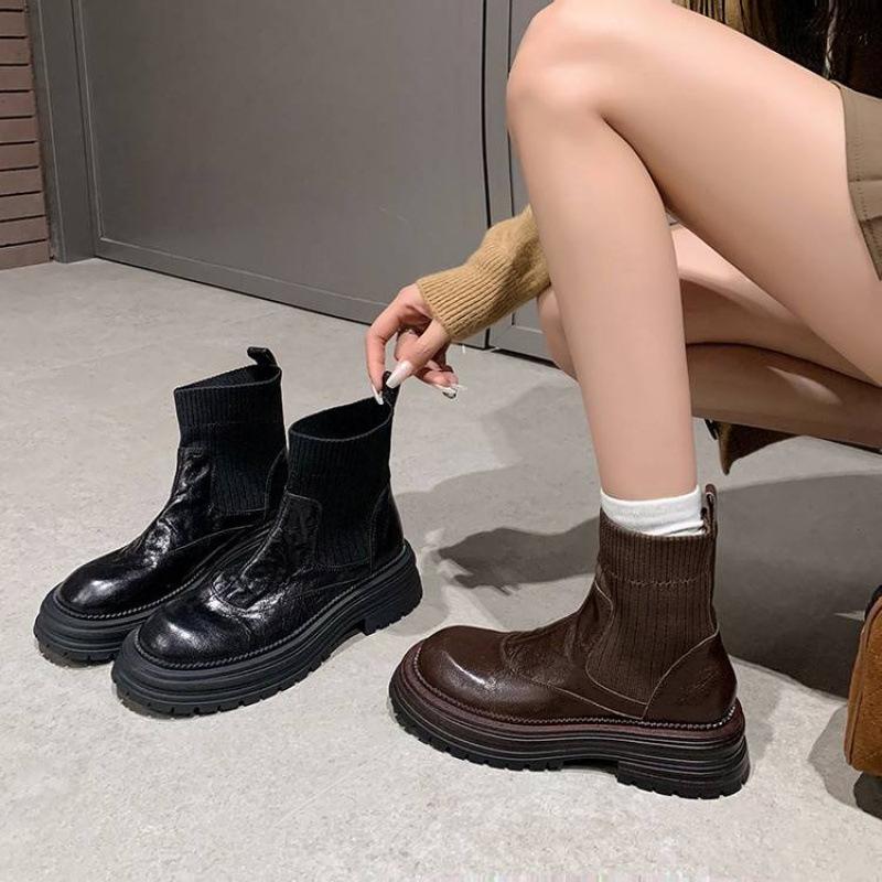 Versatile Thick-soled Sleeve Knight Boots Women's Medium Heel Round Head Solid Color Cowhide Low Boots Autumn and Winter Genuine Leather Large Size Wo