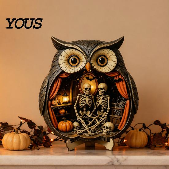 Wood Owl Sculpture Halloween Wooden Tabletop Centerpiece, 2D Flat Pumpkin Ghost Bat Figurine Skeleton Standing Table Sign for Party, Shelf, Desk Decor