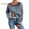 Women Sweater Off Shoulder Oversized Long Sleeve Knit Pullover Top Loose Fit Striped Print Soft Stretchy Knitting Tops