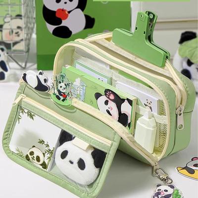 Cute Pencil Case Large Capacity Pencil Bag Panda  Cartoon Stationery Holder Bag With Brooches Stickers Clips Keychains  Pen Case