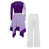 Girls Worship Dance Outfit Long Sleeve Printed Patchwork Irregular Hem Dress with Wide Leg Pants