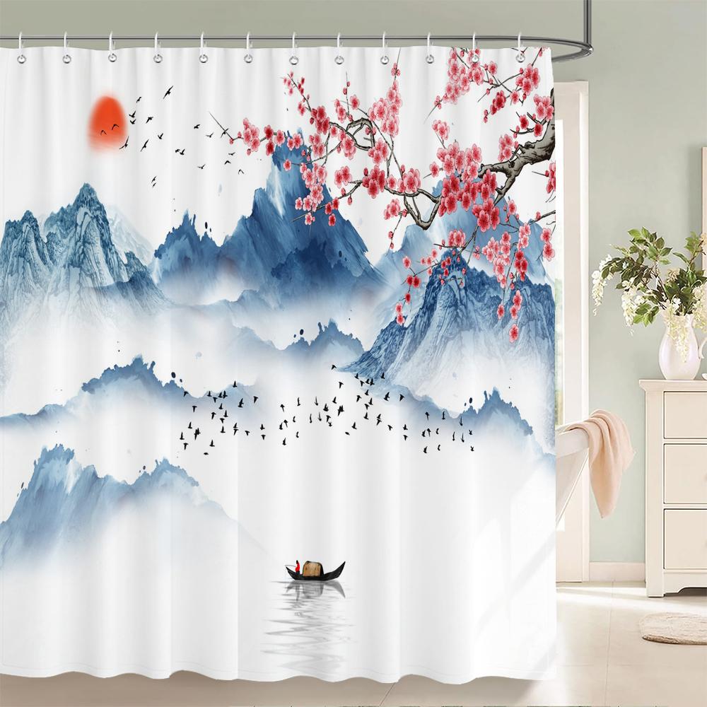 Chinese Style Flower and Birds Tree Shower Curtains Bath Curtain Waterproof Bathroom Decor With Hooks 3d Printing Bath Curtain