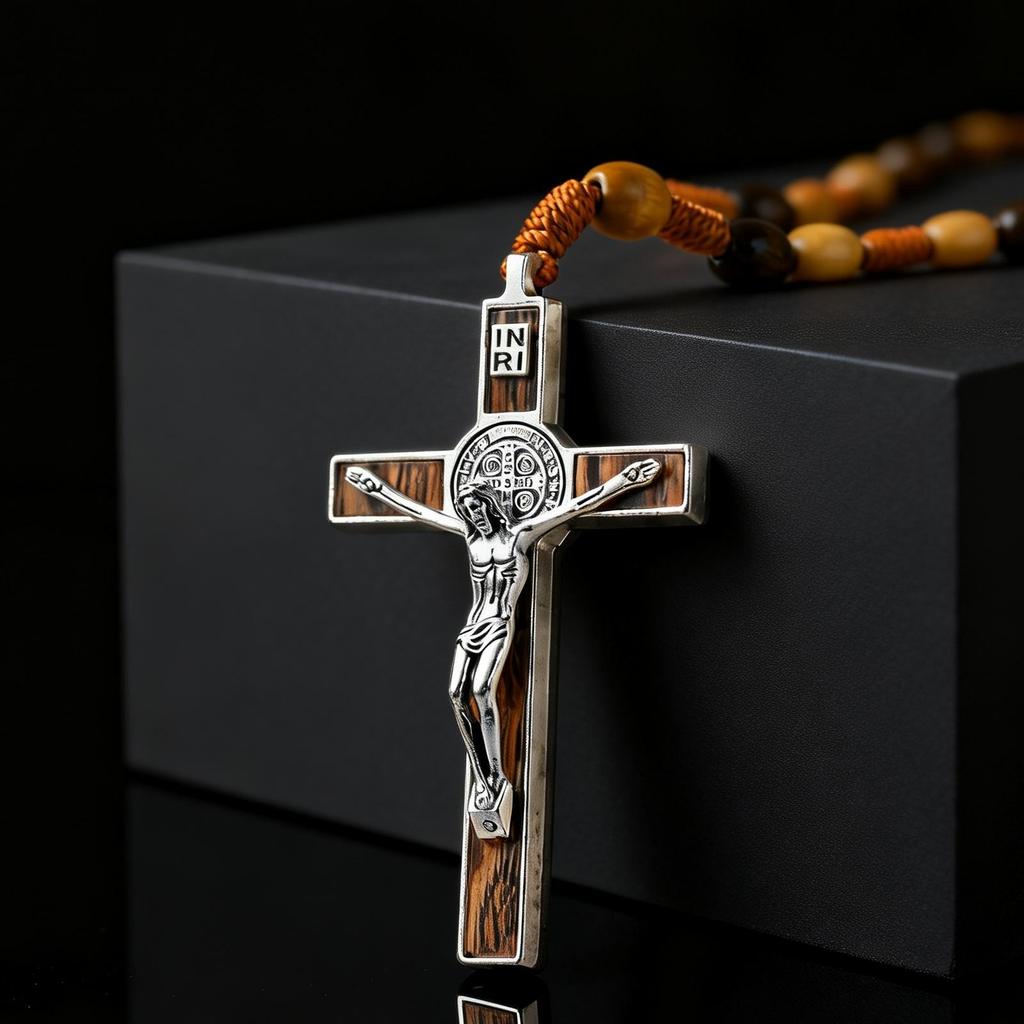 Vintage Klassischer Jesus Kreuz Anhänger Y-förmig Holz Gebetsperle Geflochtenes Seil Lange Halskette für Männer Trendiger Religiöser Schmuck Amulett