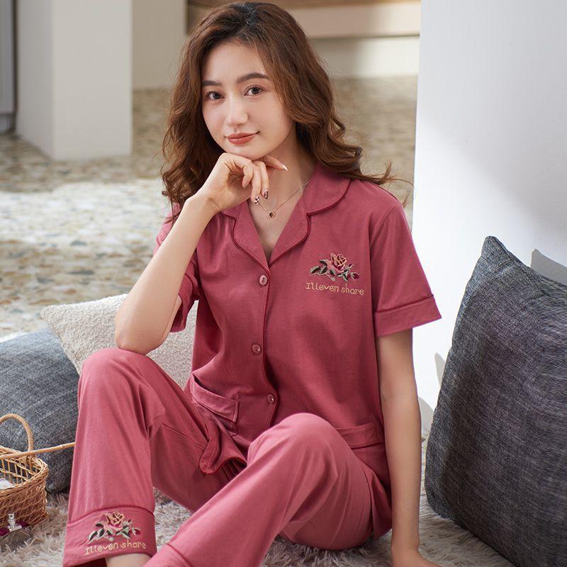 Pajamas Women's Summer Cotton Short Sleeves Trousers Loungewear Thin Middle-aged Mom Loose Plus Size Set