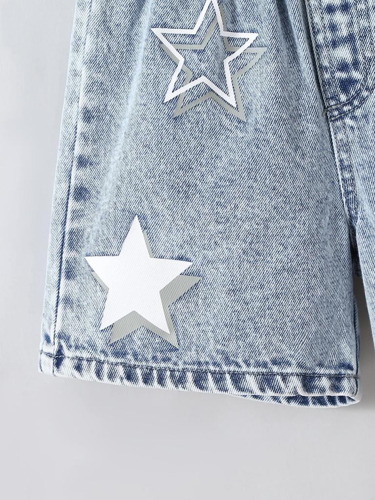 Boys' Two-Piece Casual Outfit: Versatile Short-Sleeve Collared Shirt with Star Pattern and Matching Loose-Fit Shorts Set (Spring/Summer Collection)