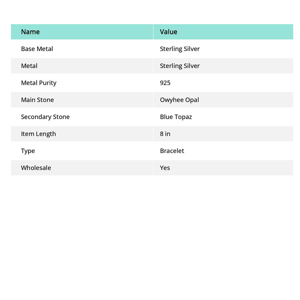 Přírodní Owhyee Opal, Drahokam Modrý Topaz Stříbro 925 Náramek 7-8" e9q97
