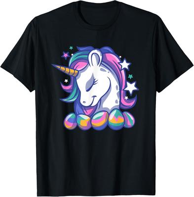 Easter Unicorn Rainbow Eggs Graphic Tee Casual Short Sleeve Cotton T-Shirt for Holiday Fun