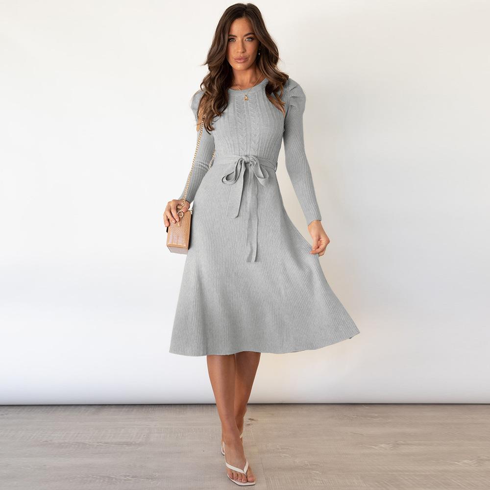 Vestido longo de malha sólida outono inverno, gola redonda, manga comprida, cintura alta, balanço grande S-XXL