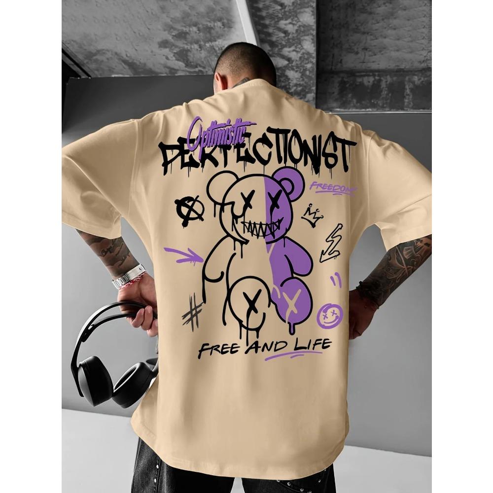 Summer New Men's Teddy Bear Graffiti Print Comfortable and Breathable Round Neck T-shirt. This Is an Outdoor Versatile Street St