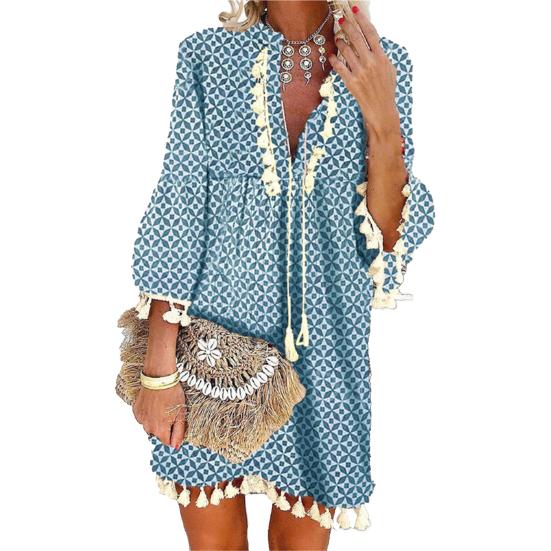 Beach Dress Geometric Print Tassel Women V Neck 3/4 Sleeve Dress for Vacation