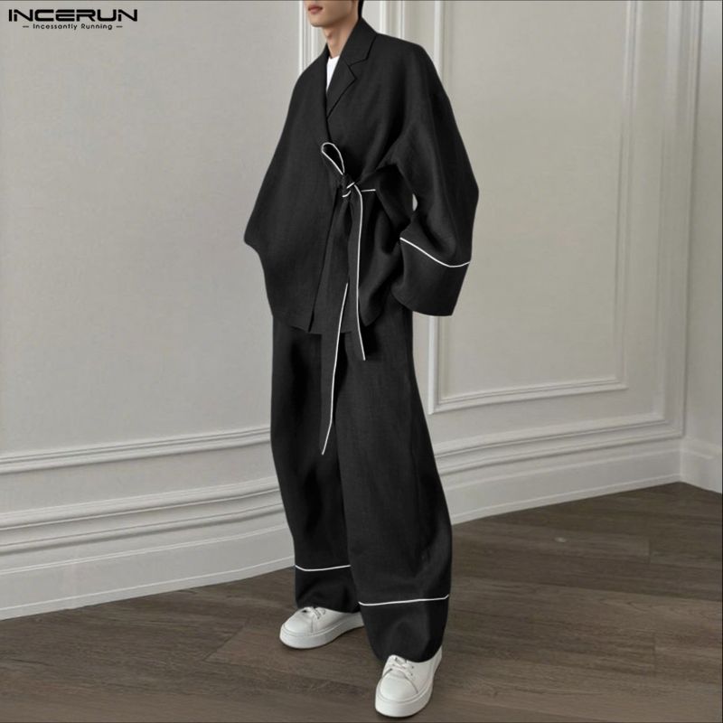 INCERUN Two Pieces Outfits Men Long Sleeve Kimono Shirt and Long Straight Pants Sets