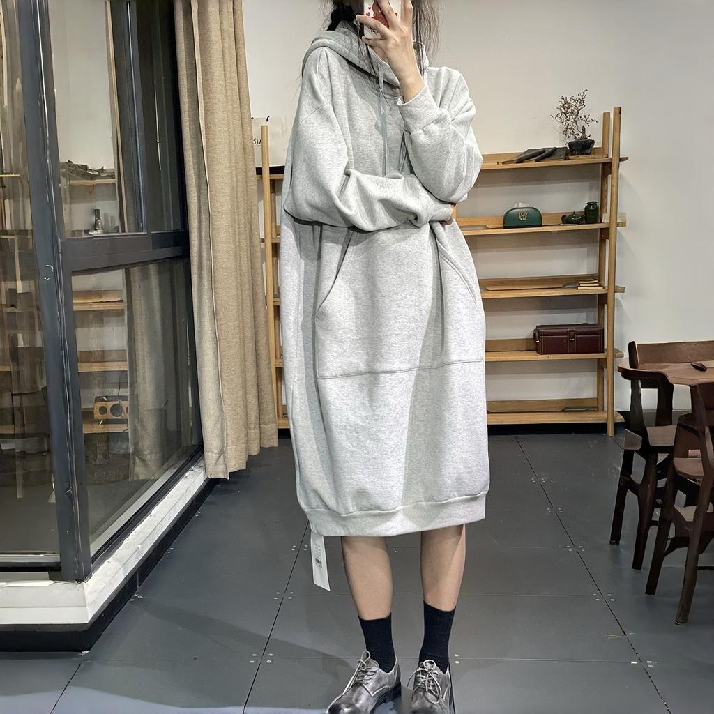 Toamnă Iarnă Nou Rochie Solidă Midi cu Glugă Femei Patchwork Șnur Buzunare Largă Modă Casual Cald Mânecă Lungă