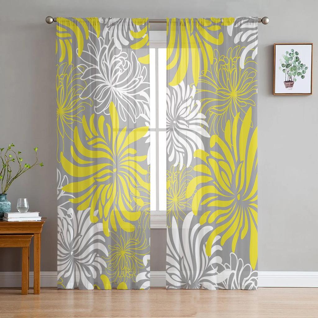 Szara Chryzantema Tekstura Retro Tiulowe Zasłony Zasłony Kuchenne Drzwi Szyfonowe Przezroczyste Zasłony Świąteczne Do Salonu