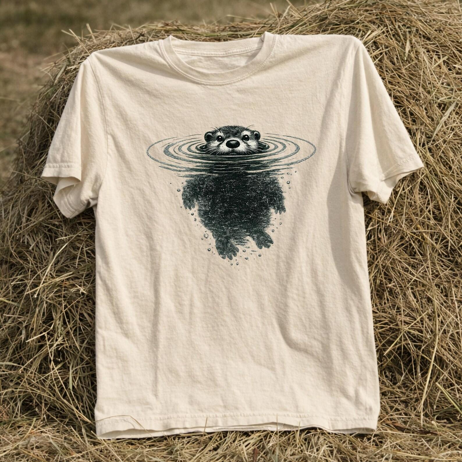 Otter Underwater Shirt, Cute Minimalist Otter Design, Vintage Distressed Animal Tee, Funny Subtle Wildlife Graphic Shirt. M