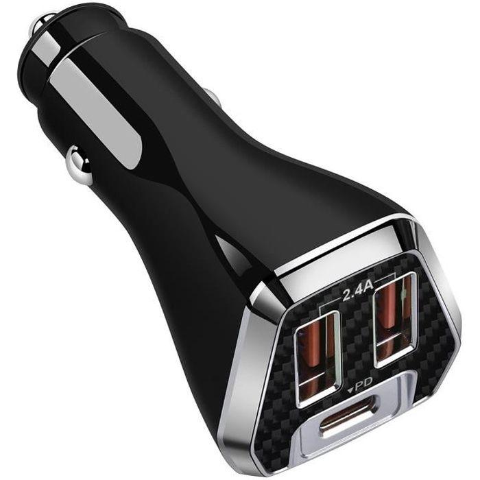 Chargeur de Voiture Universel Téléphone, USB-C et USB-A, Allume-Cigare Noir