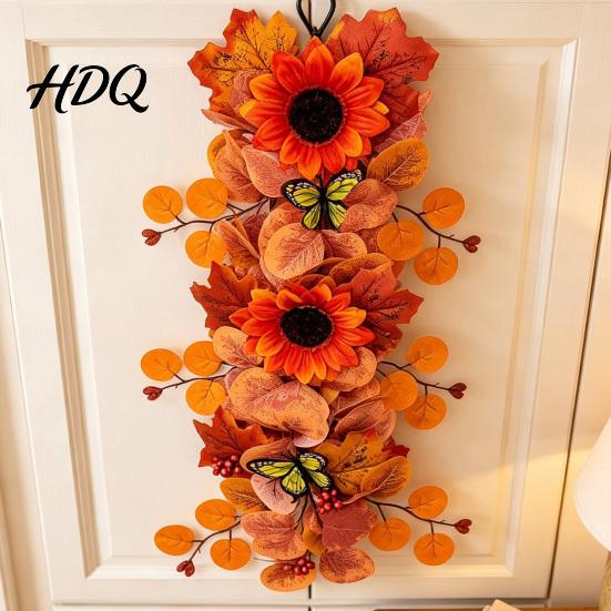 Fall Sunflower Garland with Butterflies Artificial Wall Hanging Maple Leaf Butterfly Autumn Harvest Decoration for Hanging Wreath Indoor Outdoor