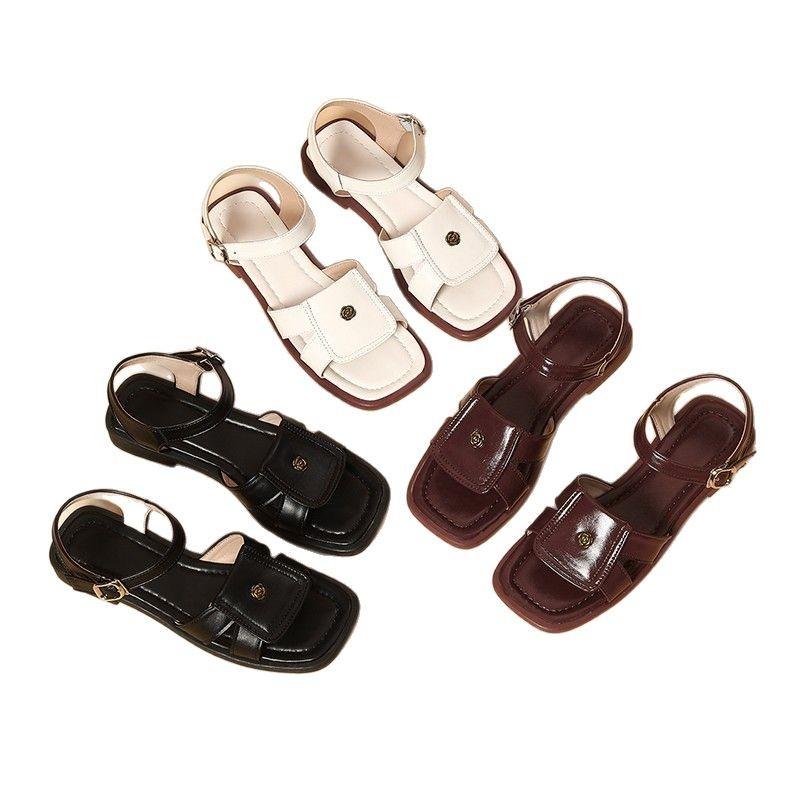Soft leather open-toe one-word buckle with casual college style Roman sandals 2025 summer new thick heel platform sandals women