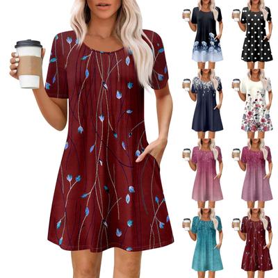 Women's Summer Dress Loose Beach Vacation Casual Round Neck Short Sleeve Sundress With Pocket Short Sleeve Shirt Dress