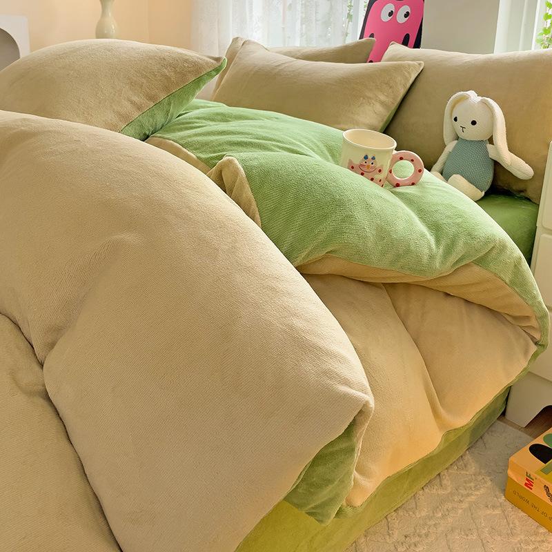 Thickened Milk Fleece Four-Piece Set, Milk Fleece Coral Fleece Bed Sheet Quilt Cover Double-Sided Flannel Bed Three-Piece Set