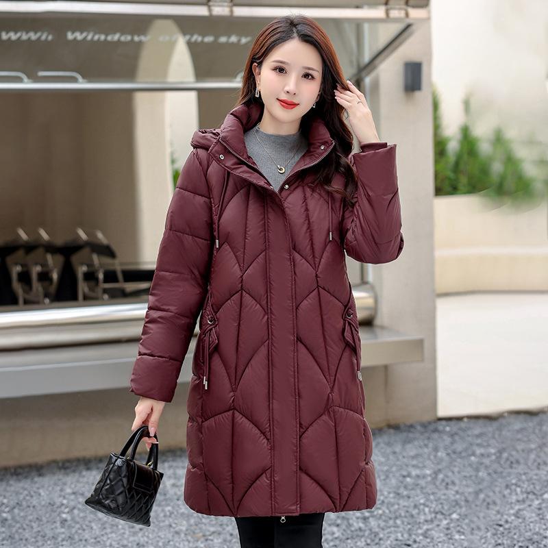 

Зима 2025, новая модная хлопковая одежда большого размера для женщин, средне-длинная корейская свободная куртка оверсайз с толстой хлопковой подкладкой XXXL бордовый