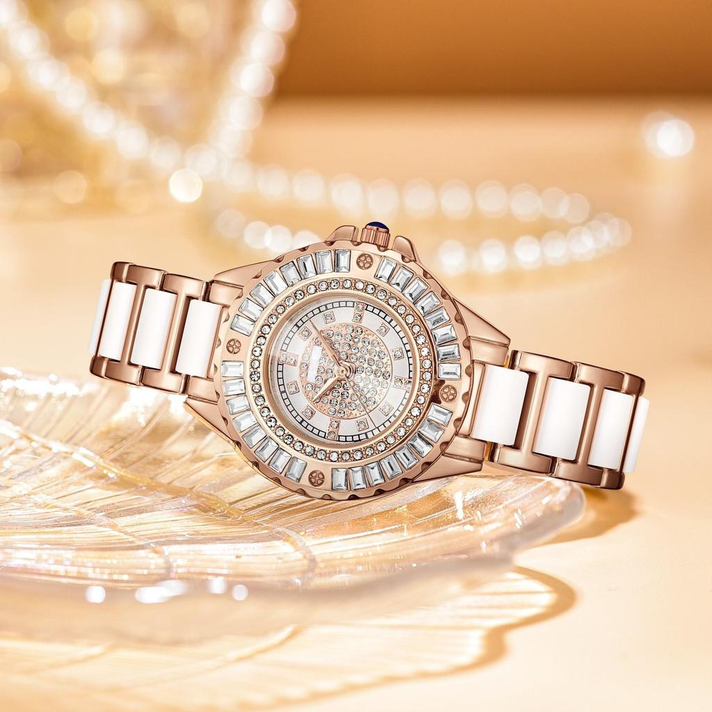 Women Minimalist Imitation Ceramic Quartz Watch Rhinestone Dial Wristwatch