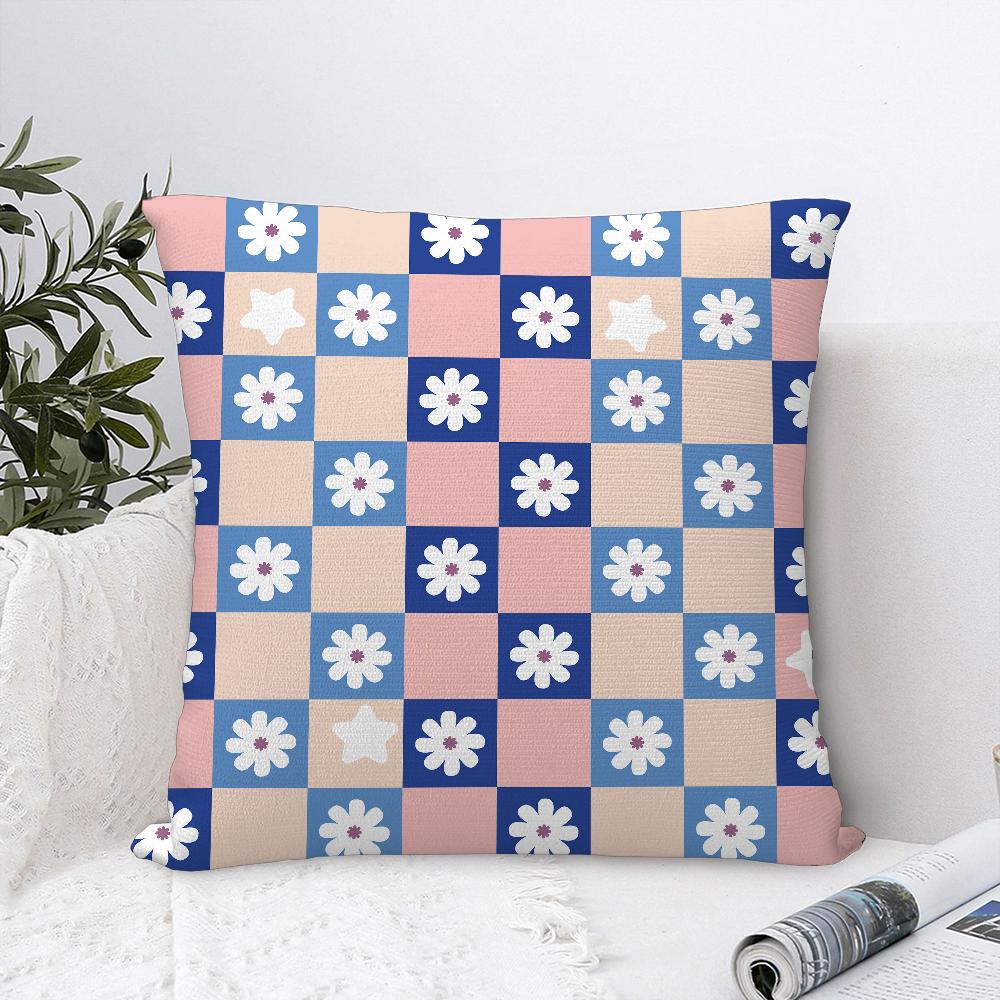 Checkered Flower Pattern Pillow Case Sofa Decorative Home Double-sided Printing Short Plush Cushion Cover Throw Pillow Cover