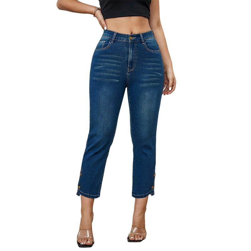 

Retro Dark Blue Jeans High-waist Slim-fitting Elastic Nostalgic Nine-cent Pants L темно-синий