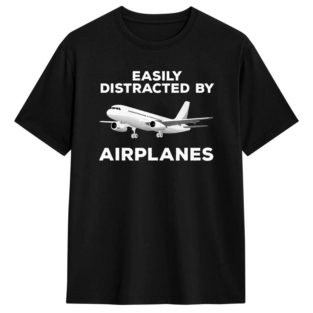Vintage T Shirt Summer Easily Distracted by Airplanes Leisure T Shirts Cotton Tshirt for Y2K Retro Loose Short Sleeve Tops