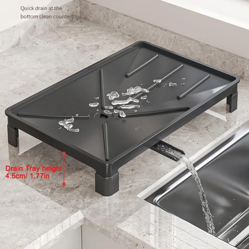 Dish drainer rack with cup holder and utensil caddy, non-slip metal drying rack, compact for 1-3 persons, removable drain tray