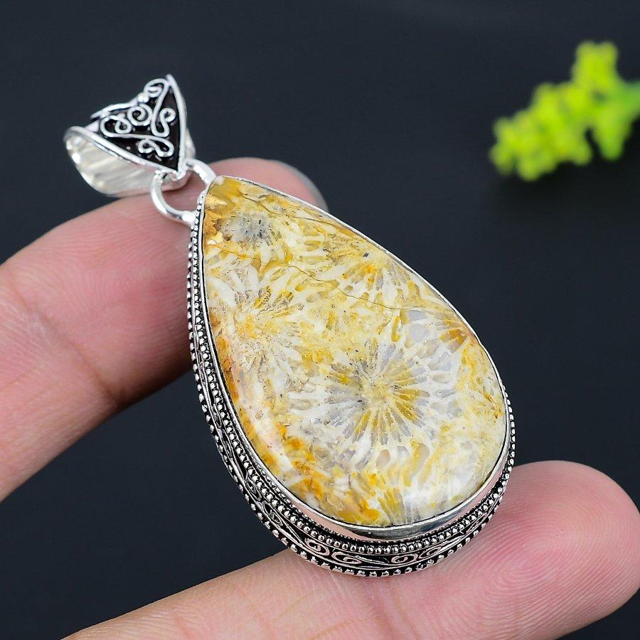 Fossil Coral Gemstone Handmade 925 Sterling Silver Jewelry Pendant 2.32" Z9a91
