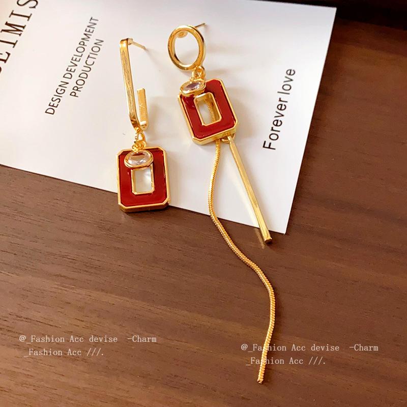 Silver Needle Dripping Oil Circle Square Asymmetrical Earrings Simple Trend Long Earrings Retro French Earrings Women