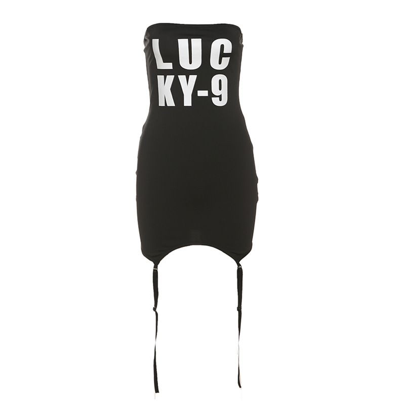 

Kkx European and American Style Gyaru Pure Desire Sexy Street Letters Print Slim fit Slimming Lace-up Tube Top Sheath Dress Black L