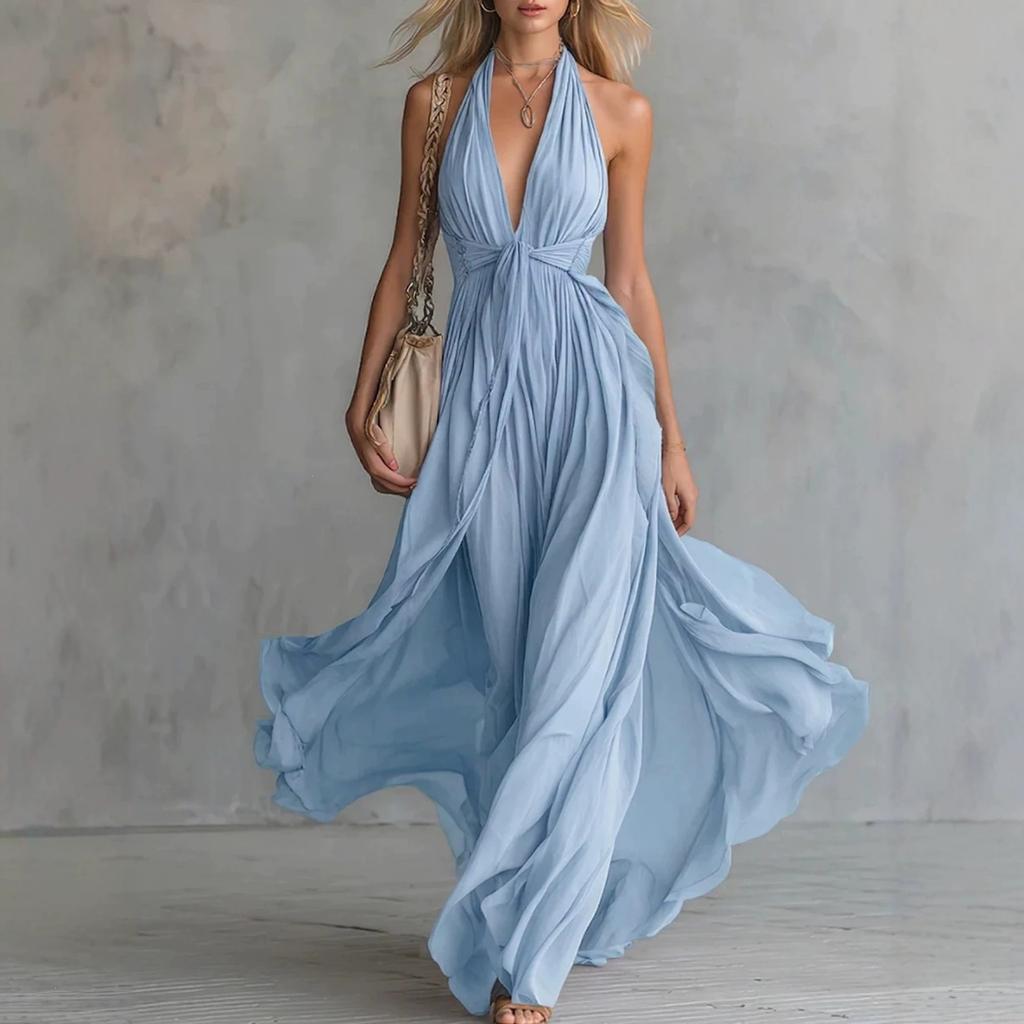 Europe, America 2026 summer women's new holiday style long dress V-neck sexy solid color sleeveless waist lace-up dress