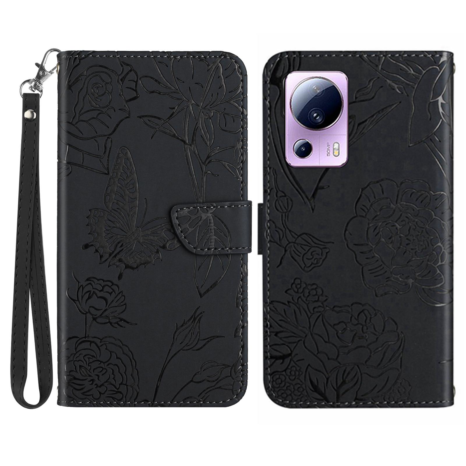 

HT03 For Xiaomi 13 Lite/Civi 2 5G Imprinted Butterfly Flowers Skin-friendly Shockproof Phone Cover Stand with Hand Strap Black