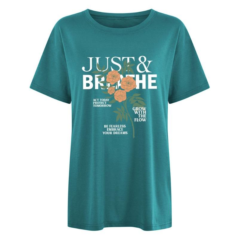 

Весна-лето Женские свободные повседневные футболки с круглым вырезом и короткими рукавами с принтом букв JUST 3XL сапфир синий