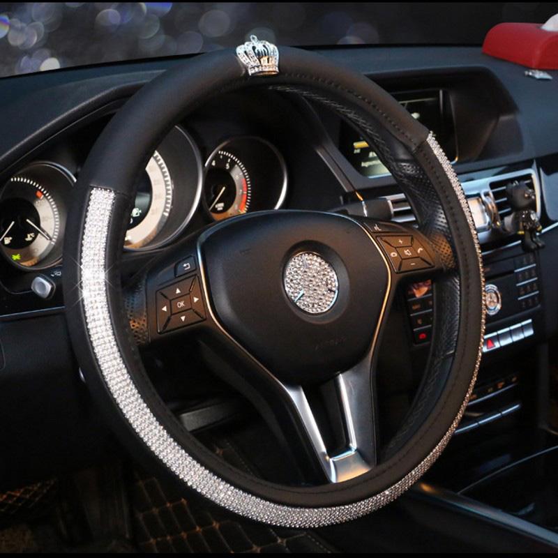 Diamond Crown Car Steering Wheel Cover Leather Crystal Rhinestone Covered Steering-Wheel Covers Women Girls Interior