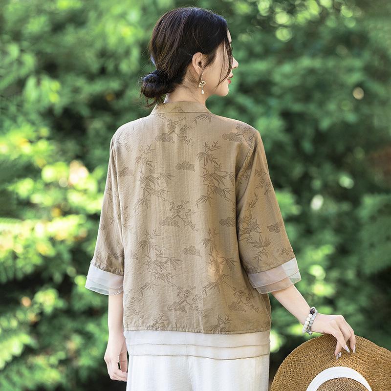 Summer Mid-Sleeve Chinese Style Blouse for Middle-Aged Women - Elegant and Lightweight