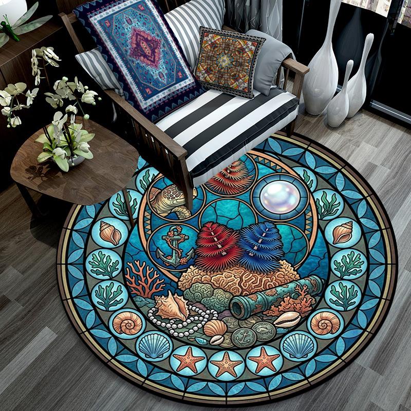 Marine Life Glass Round Area Rug Under Office Chairs Bedroom Living Room Home Decor