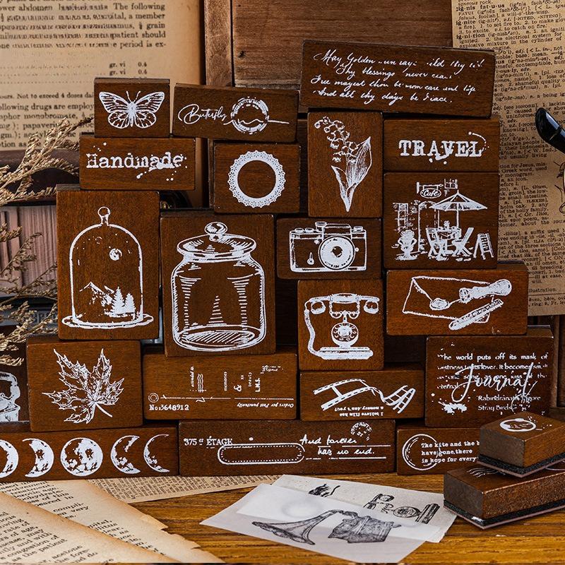7pcs Wooden Seal Set Clear Carved Three-dimensional Pattern Calligraphy Painting Art DIY Handbook Decoration Personalized Gifts