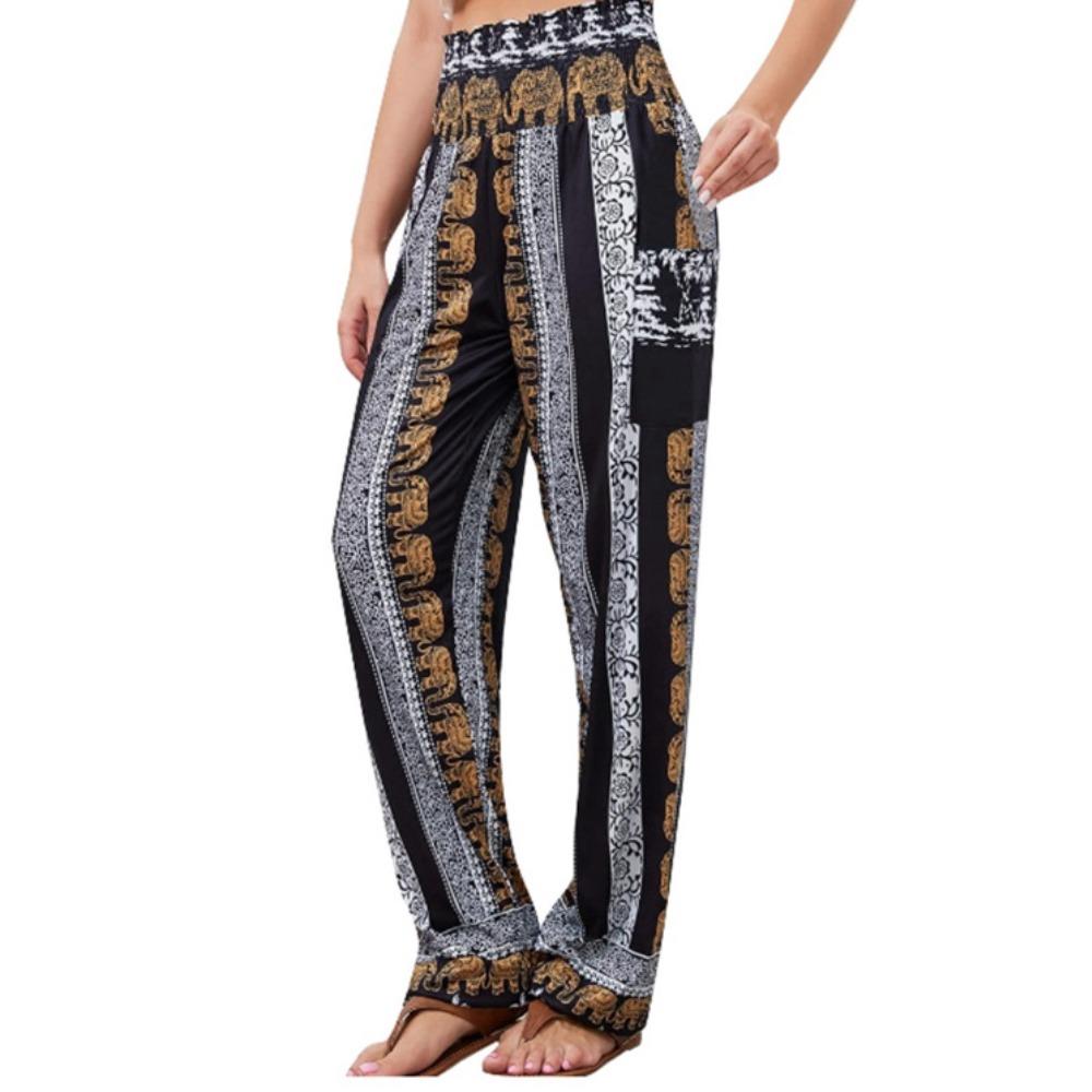 Women's Casual Flare Pants with Striped Digital Print – Trendy Boho Style