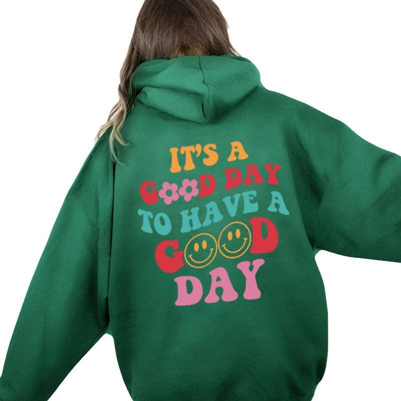 Plus Velvet Sweatshirt with Back Letter Print & Kangaroo Pocket