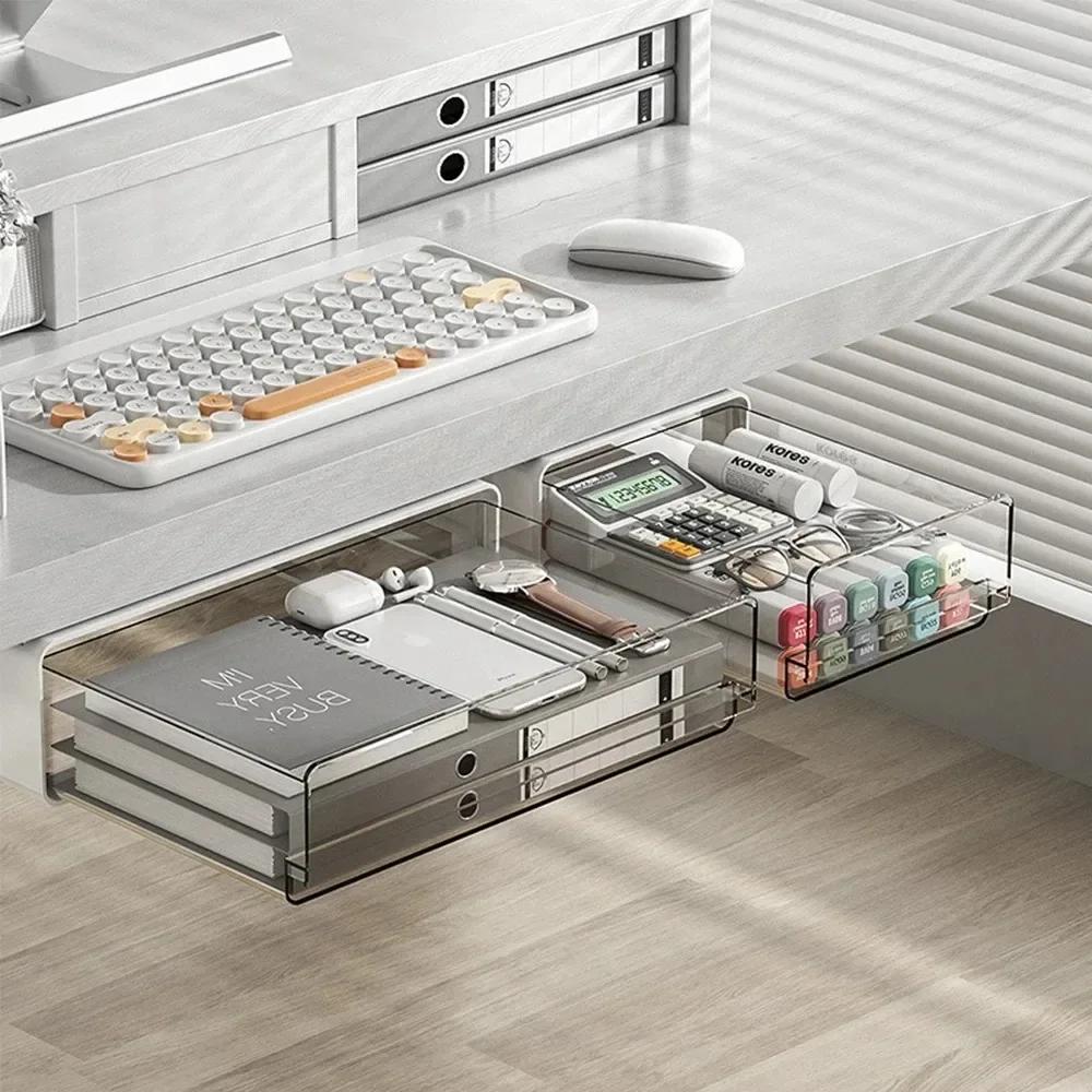 Under Desk Drawer Organizer Wardrobe Storage Transparent Drawing Box Self-Adhesive Hidden Undertable Drawers Office Table Locker
