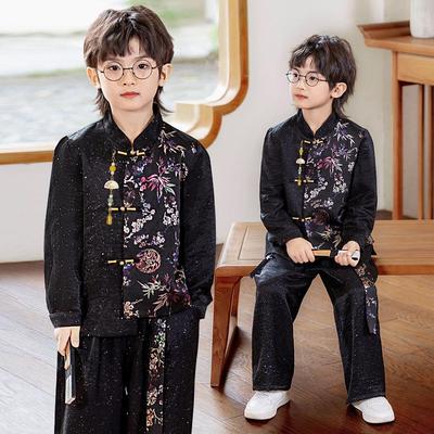 New Chinese Style Boys' Printed Hanfu Set – National Tang Suit with Stand Collar for Autumn Performance and Photography.