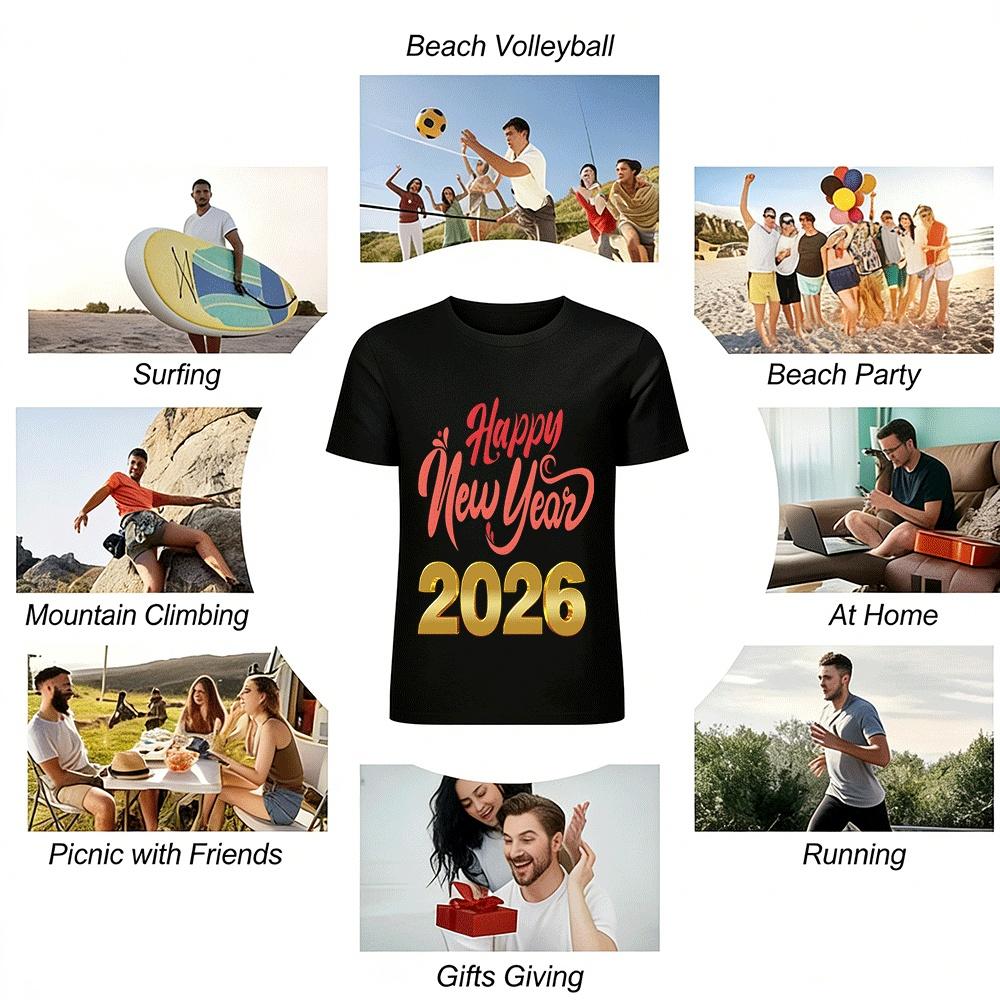 Happy New Year 2026 Printed Casual Unisex Crewneck Top Pure cotton T-shirt