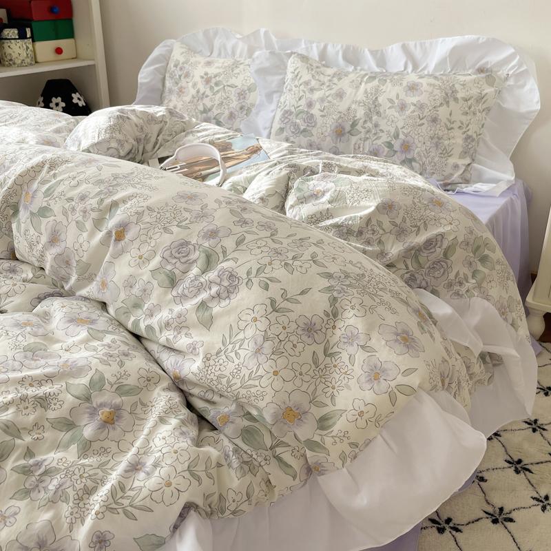 Korean Style Princess Floral Washed Cotton Bedding Set Vintage French Pastoral Flowers Lace Ruffles  Duvet Cover Set Pillowcase