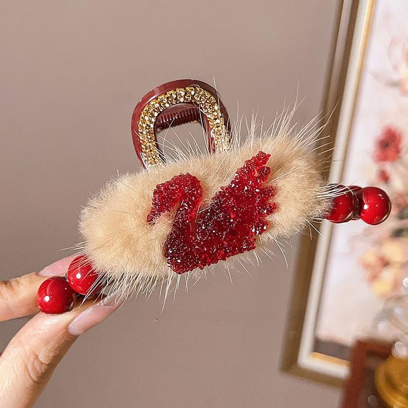 2025 New Year Red Plush Pearl Claw Clip - Stylish Women's Shark Hairpin Accessory for Buns and Hair Styling