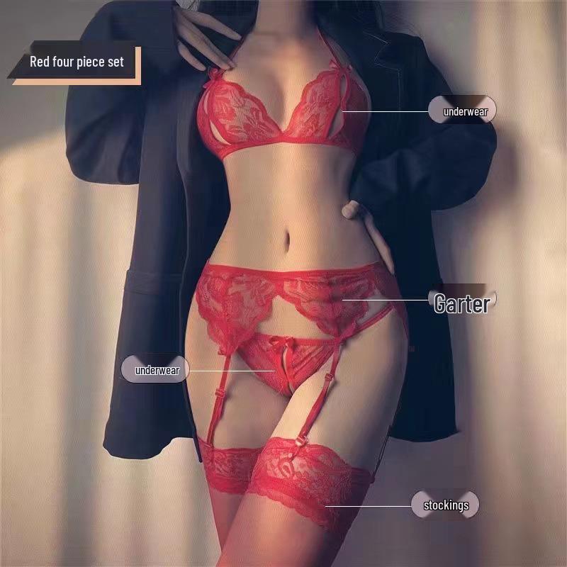 Lace Strap Bodystocking with Open Crotch & Garter Set