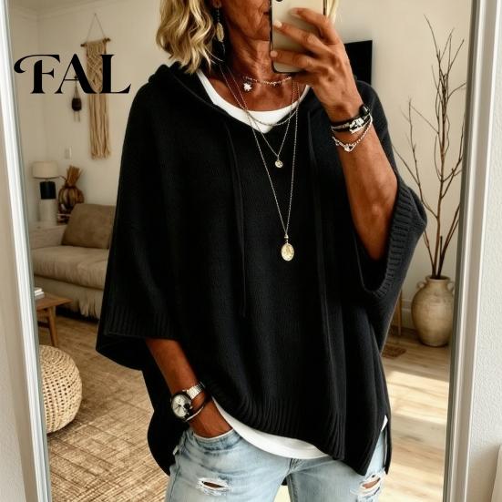 Women Winter Sweater Autumn Knit Pullover Sweater, Loose Fit Drawstring Hooded Casual 3/4 Sleeve Drop Shoulder Solid Color Long Tops